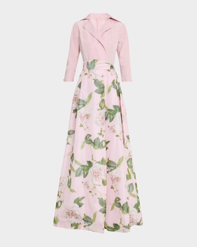 Floral-Print Faille Taffeta Shirt Gown